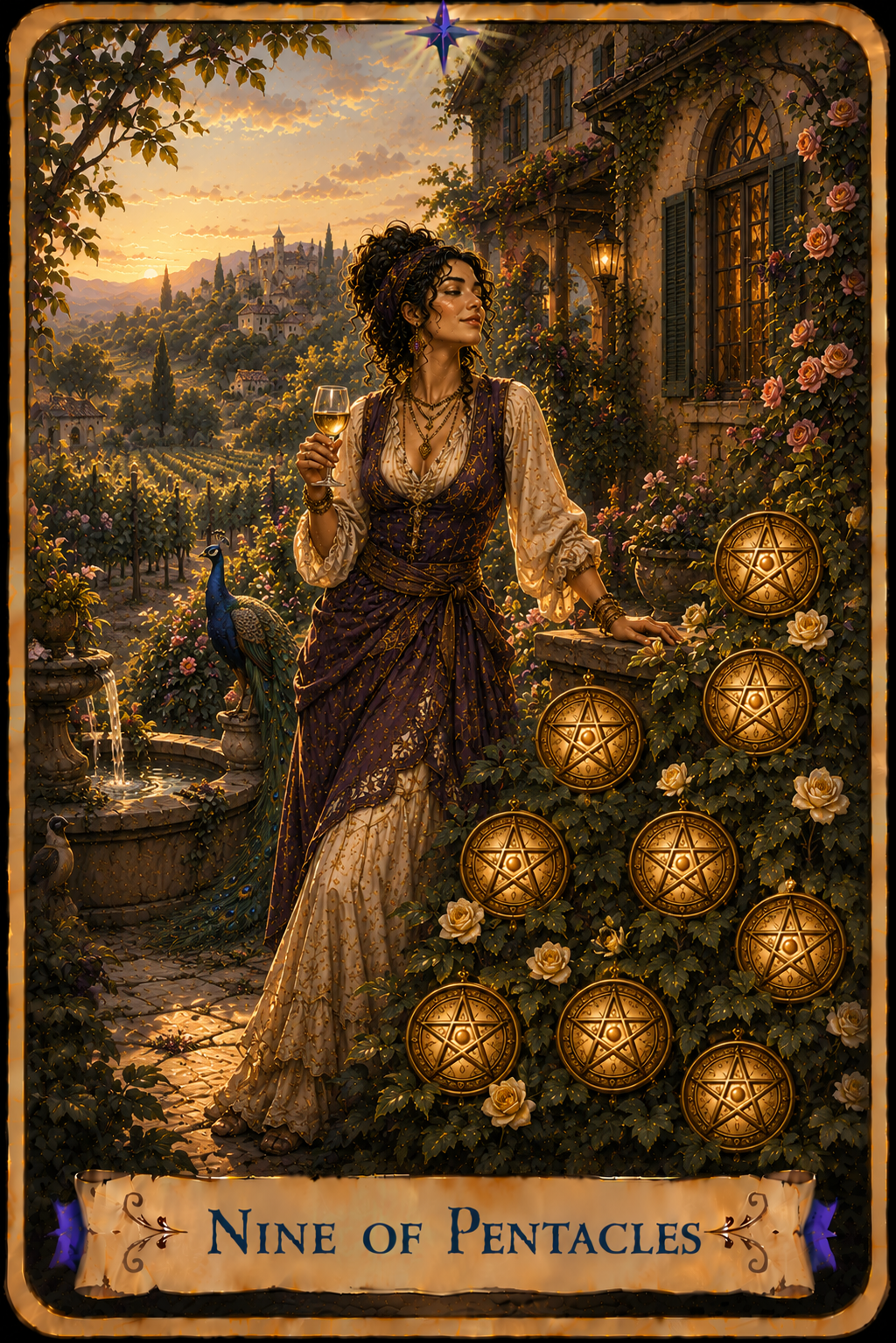  Nine of Pentacles Tarot card from the Unconquered Heart Tarot. Full description below.