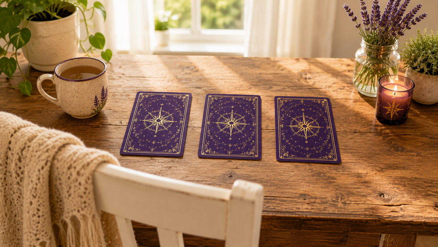 3 Tarot cards lay face-down on a table in a bright room.