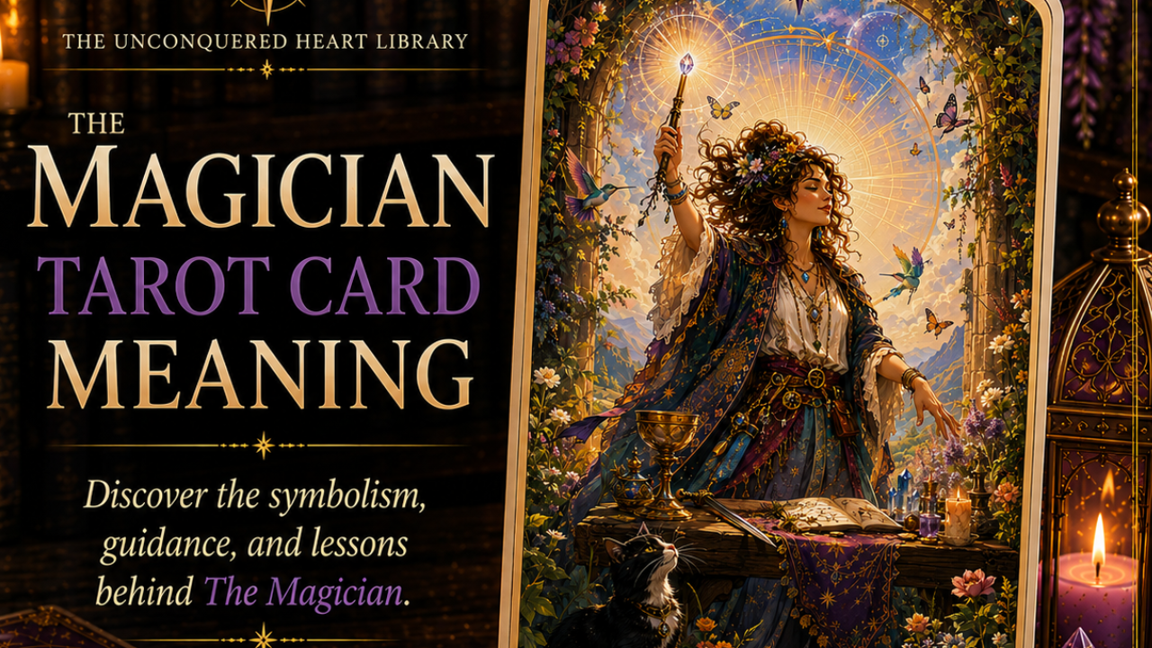 The Magician Tarot Card Meaning featuring the card from the Unconquered Heart Tarot. Follow this image for complete description, meaning, and correspondences.