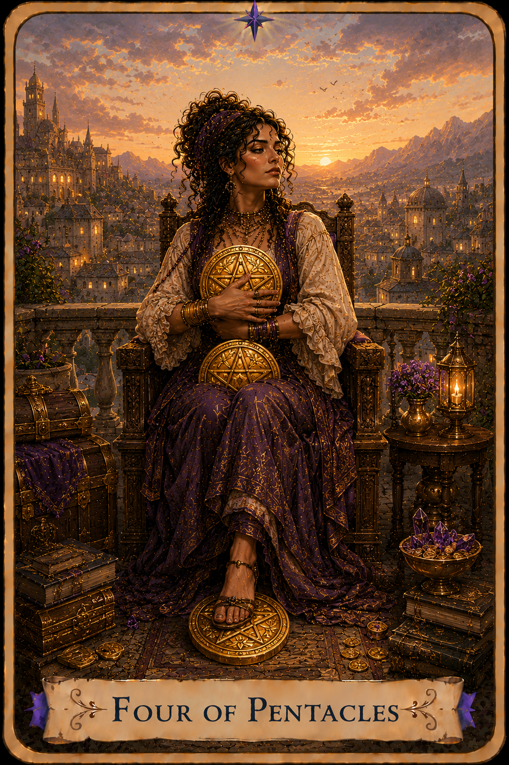 Four of Pentacles Tarot card from the Unconquered Heart Tarot. Full description below.