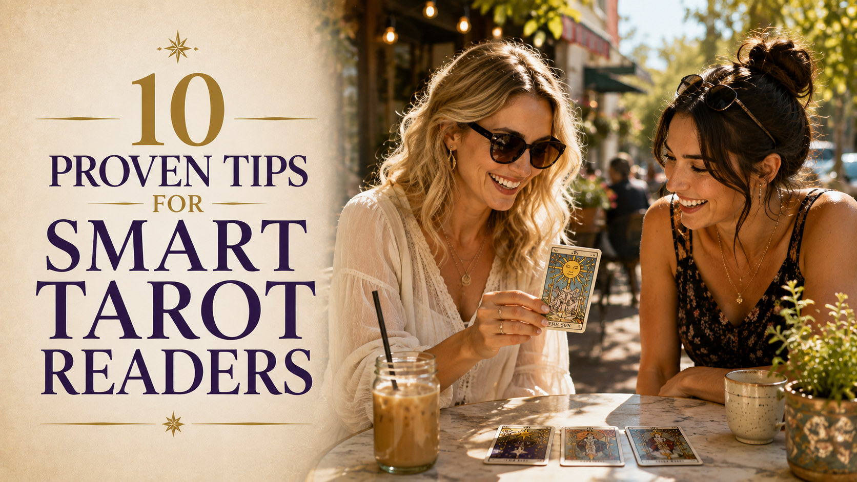 10 Proven Tips for Smart Tarot Readers. Two women smiling and reading Tarot cards together at a sunny outdoor caf&eacute;. Follow this image to the blog post.