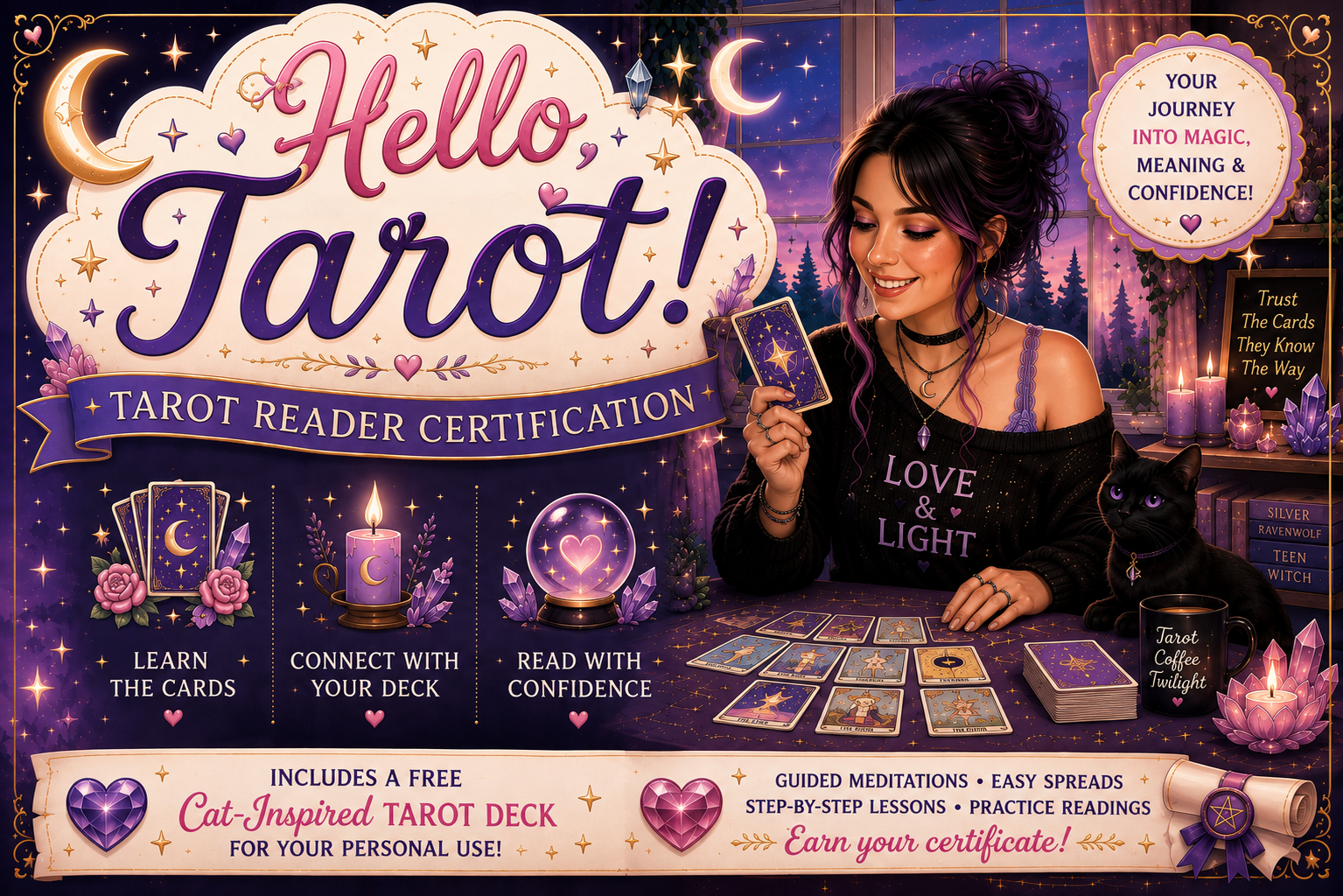 Hello, Tarot! Tarot Reader Certification. Learn the cards, connect with your deck, and read with confidence. Includes a free cat-inspired Tarot deck, guided meditations, easy spreads, step-by-step lessons, and practice readings. Follow this image to learn more about Hello, Tarot!