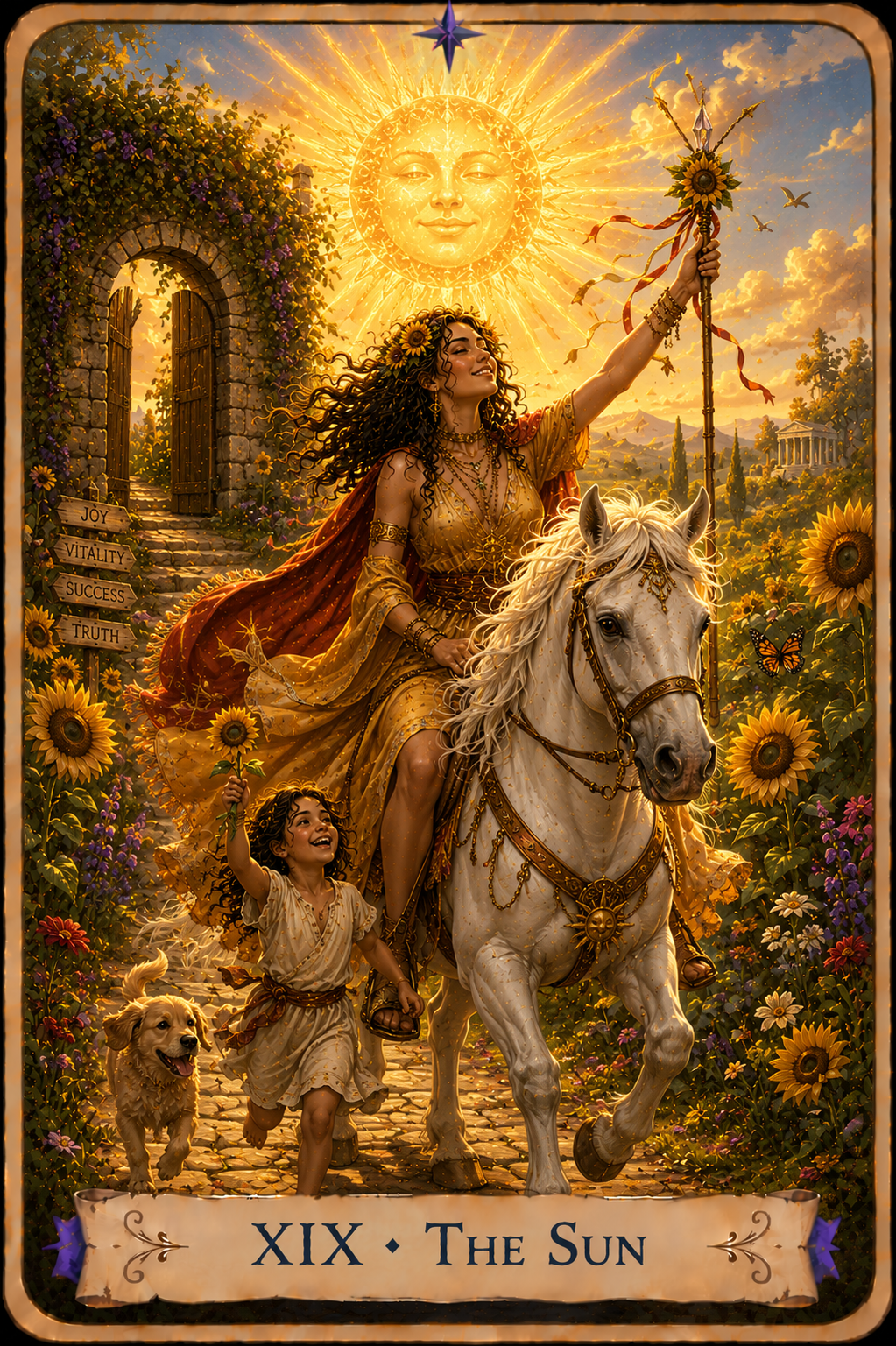 The Sun Tarot card from the Unconquered Heart Tarot. Full description below.