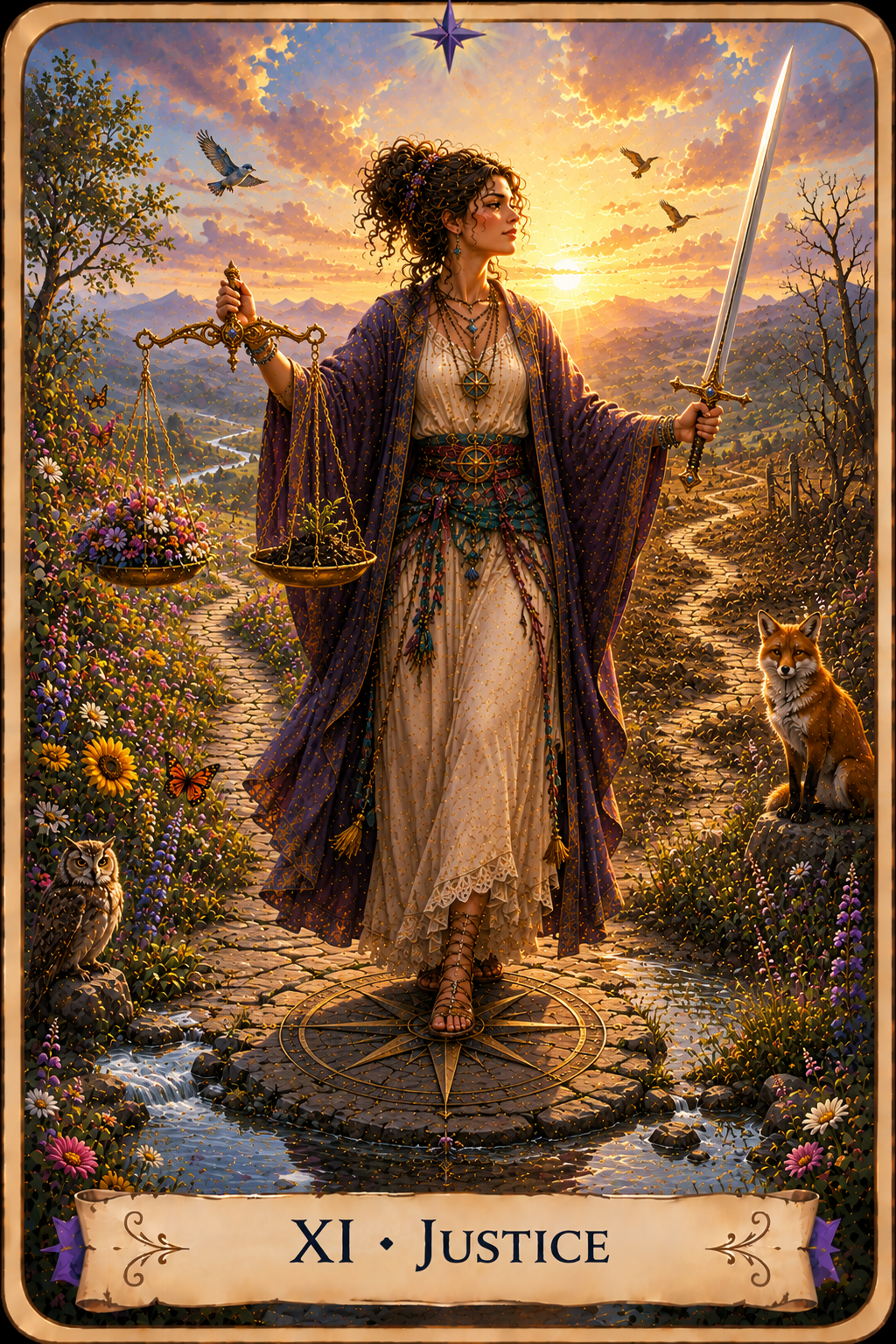 Justice Tarot card showing a woman with curly brown hair walking across a compass rose set into a stone path while holding a golden balance scale in one hand and an upright sword in the other. She wears a flowing white dress beneath a richly embroidered purple cloak with layered gold jewelry and lace-up sandals. The path divides into two directions behind her, with colorful wildflowers and a flowing stream on one side and a leafless tree on the other. An owl, fox, butterflies, and birds appear throughout the landscape beneath a warm sunset sky with distant mountains.