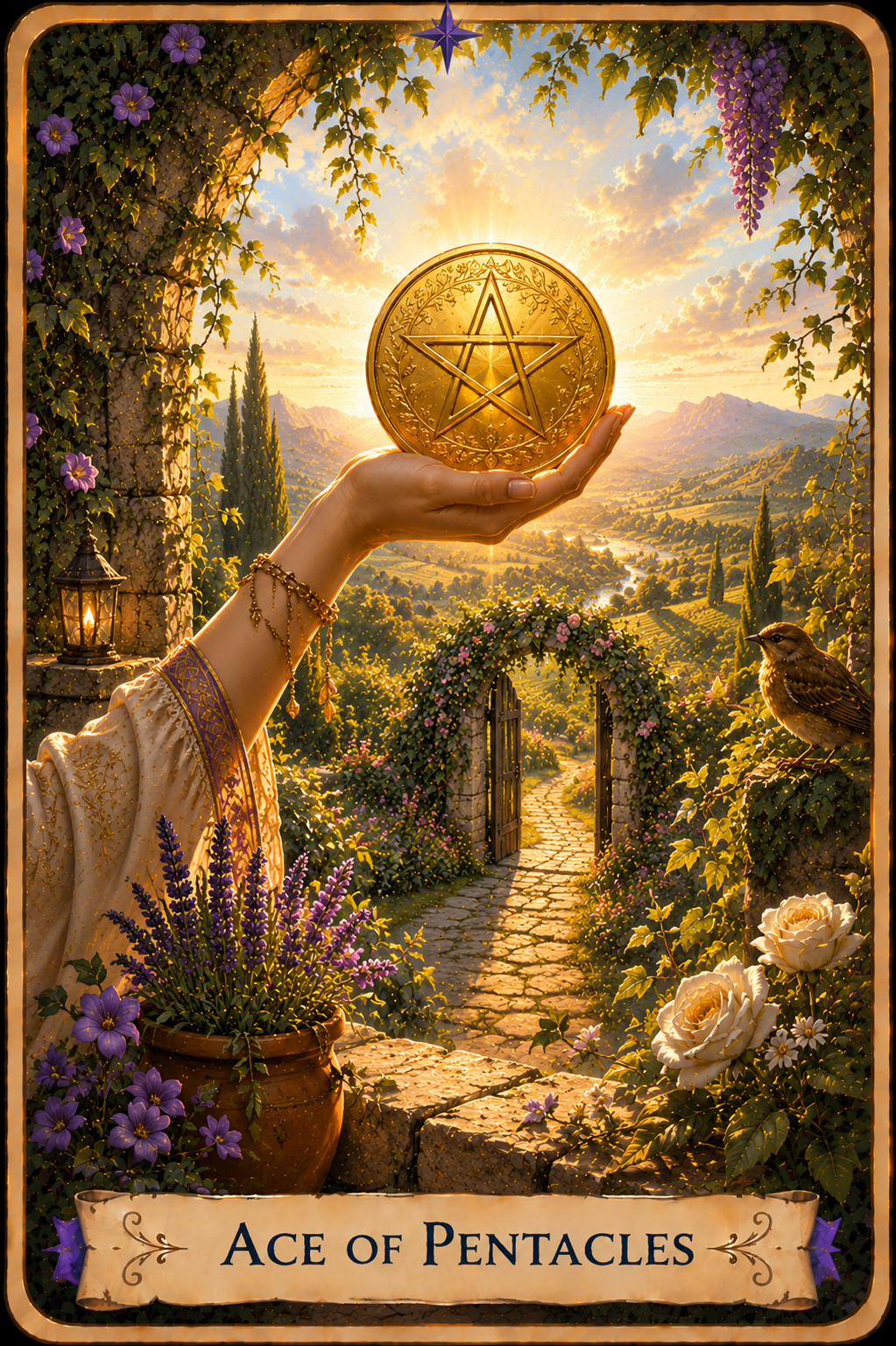 Ace of Pentacles Tarot card from the Unconquered Heart Tarot. Full description below.