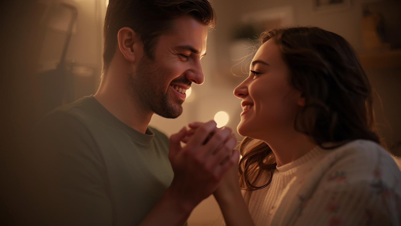 Couple holding hands and looking hopeful during their fertility journey.