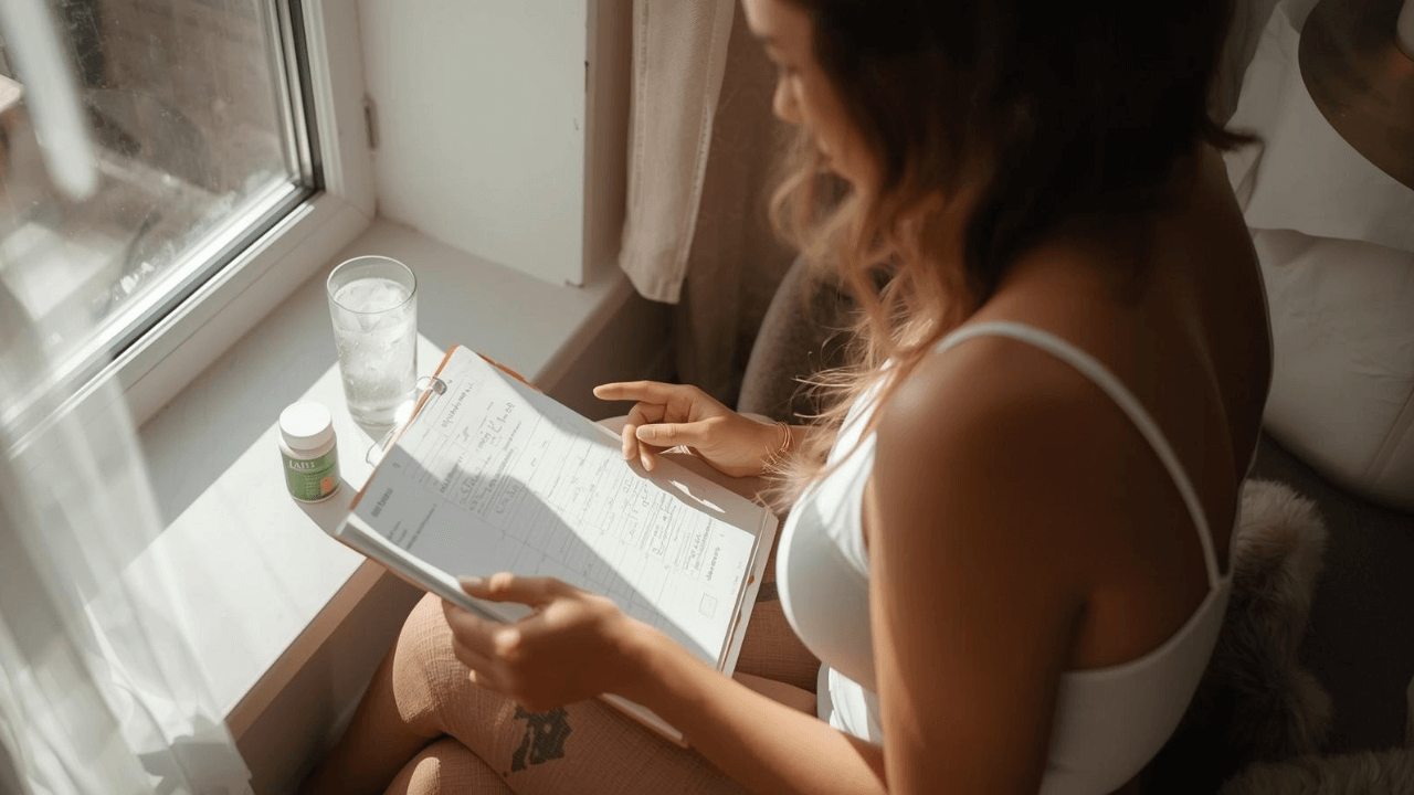 Egg freezing preparation showing a woman reviewing a cycle plan with fertility supplements