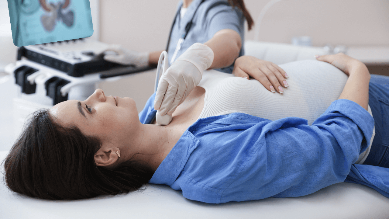 Thyroid ultrasound examination in a pregnant woman to assess thyroid health during pregnancy
