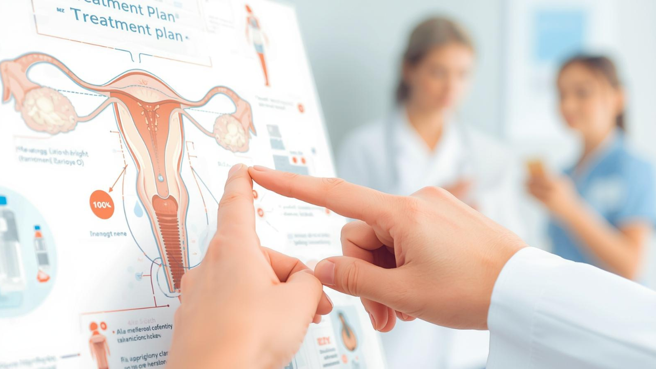 Medical professional reviewing fertility treatment steps with patient using anatomical illustration.