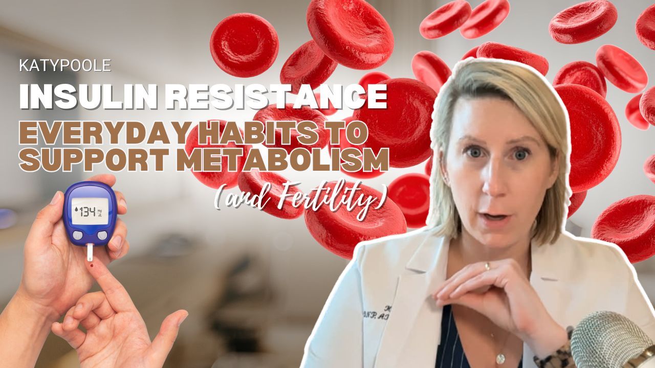 Doctor discussing insulin resistance and fertility with blood sugar meter and red blood cells illustration in background