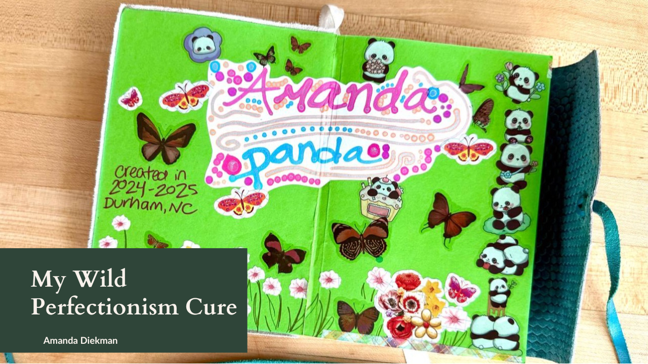 A journal with the text "Amanda Panda" and stickers