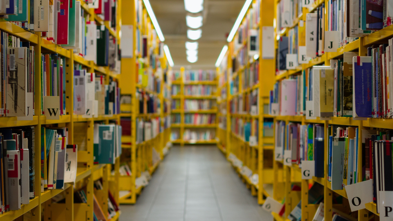 A library filled with books, looking down the row with mid-wood colored shelves and colorful book bindings down each side.