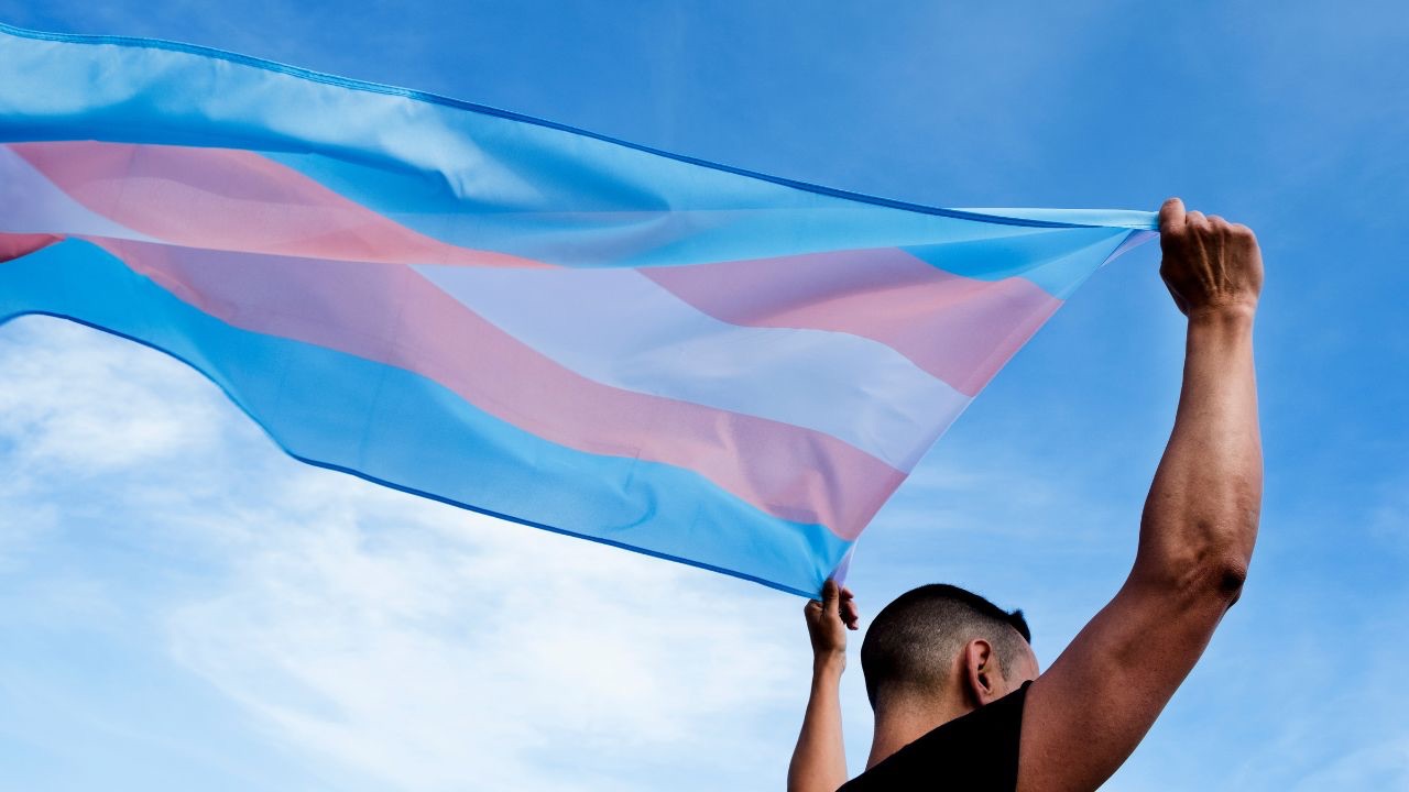 Image is of a person with a black tank top, short hair, and strong arms holding a transgender flag against a blue sky with white clouds. The person's back is facing forward, and we can't see their face. Transgender Day of Visibility is an opportunity for transgender people to celebrate each other and hold space of people who aren't able to be visible yet. 