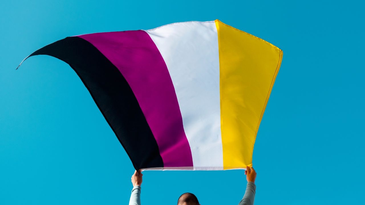 Photo is hands holding up the nonbinary flag against a blue sky. We need to bring more awareness to nonbinary people and the challenges and accomplishment they achieve. 