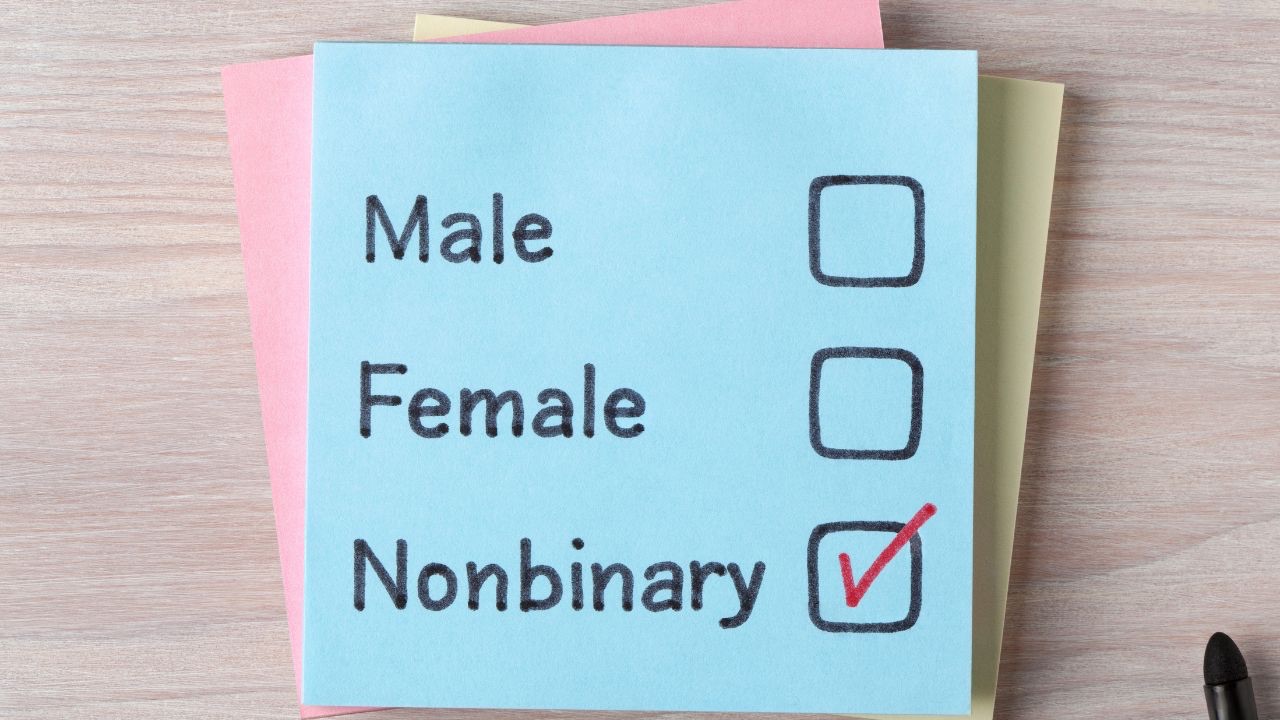 Image is of a stack of colorful sticky notes on a wooden surface. The top one has three check boxes and the words next to them read Male, Female, and Nonbinary. There is a red check next to nonbinary. We need to be sure to be using gender-neutral language as much as possible to make our spaces more inclusive. 