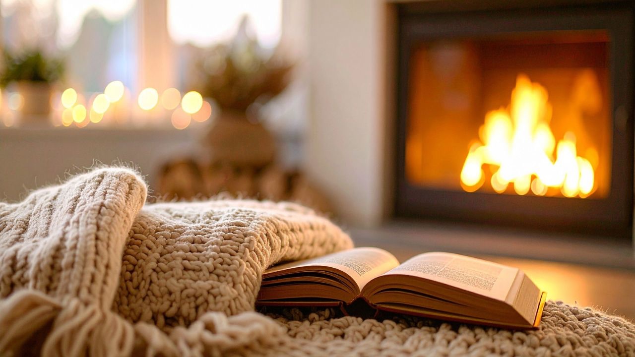 Image is of a cozy blanket and book on a bench in front of a lit fire. Behind it, is a row of twinkle lights lining a window. Finding light in the darkness as the parent of a transgender child can be difficult in the winter, but hope is always there if we just work at it. 