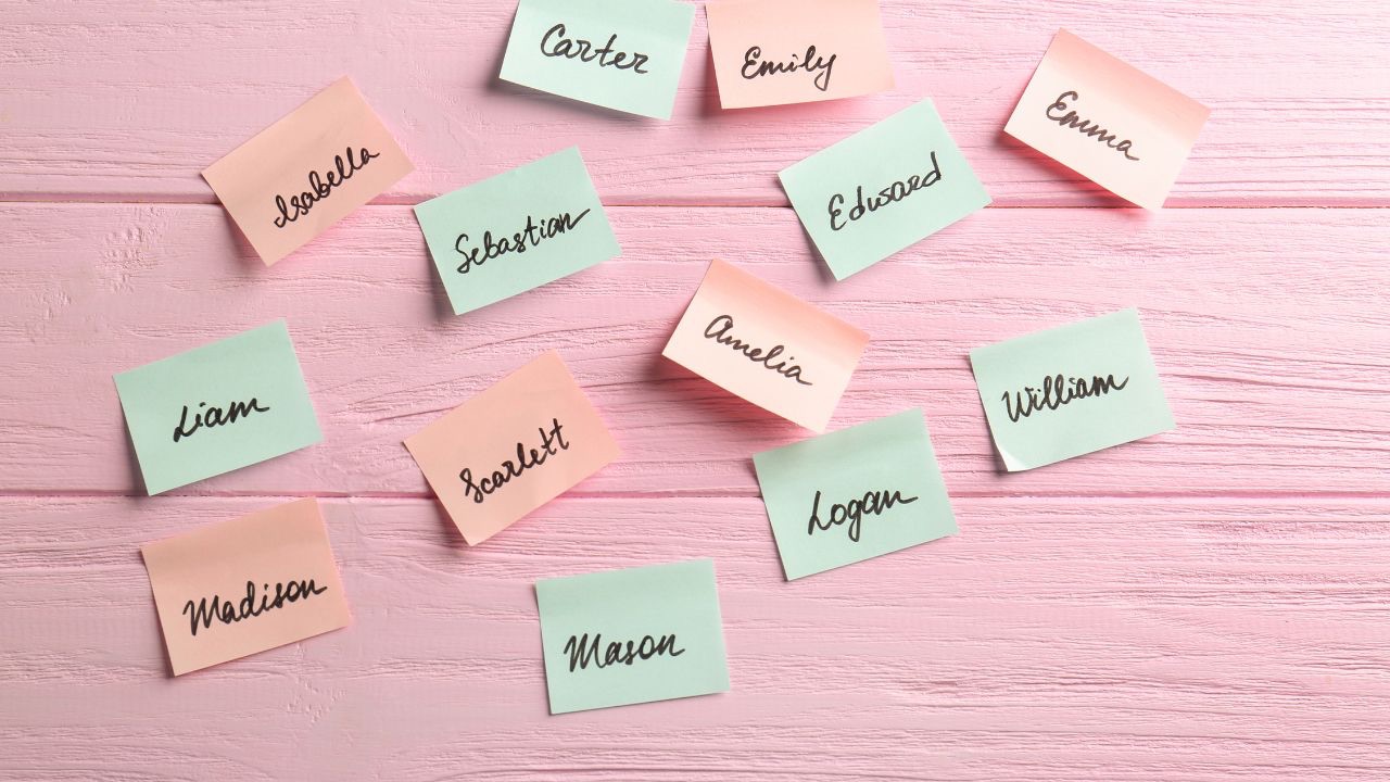 Image is a pink wooden background with multicolored sticky notes with various names written on them. We already know how to use a transgender person's name, we just need to think about it as any other kind of name change. 