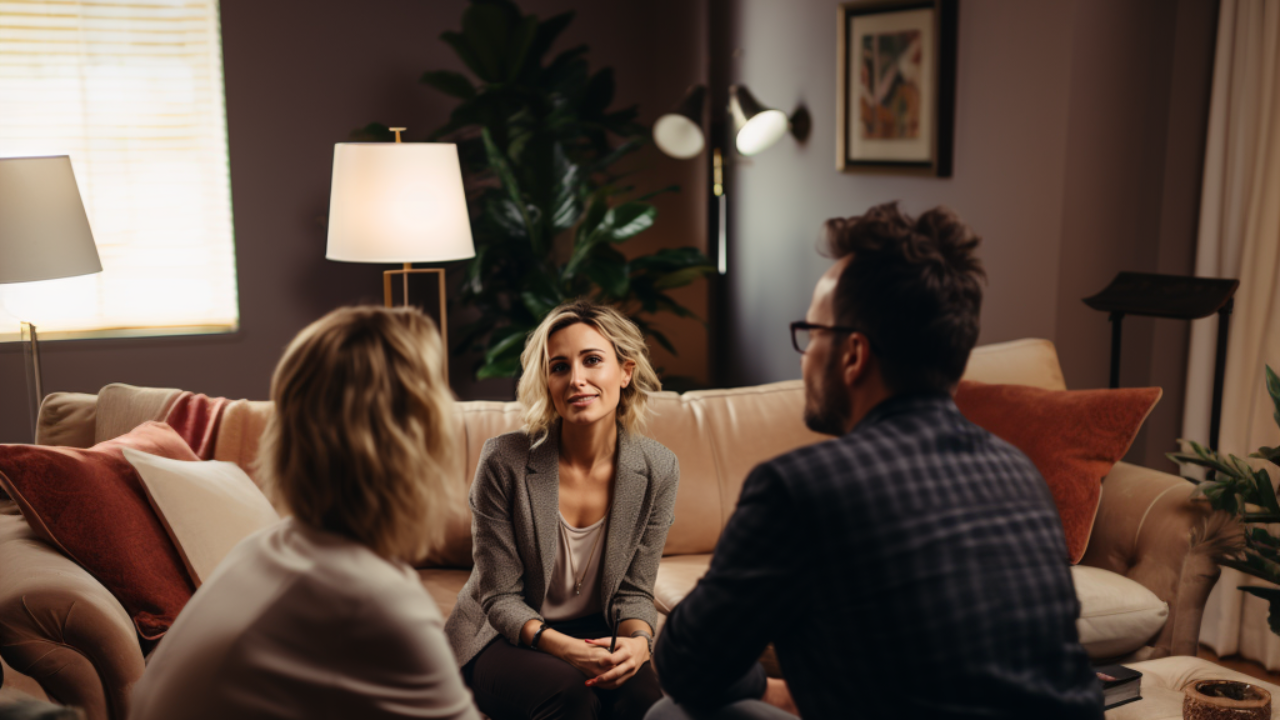 A couple therapist helping a couple with relationship issues during a therapy session.