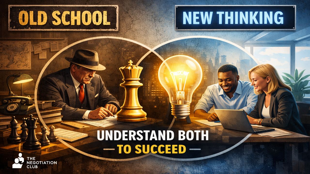 Old school vs new thinking in negotiation, showing traditional tactics and modern collaboration with message to understand both to succeed