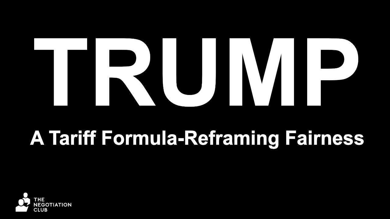 A bold banner text reading ‘Trump, A Tariff Fomula-Reframing Fairness’. The design highlights the theme of trade tariffs and negotiation impact.