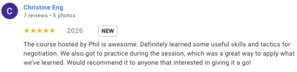 Five-star Google review from Christine Eng praising The Negotiation Club course and the value of practising negotiation skills.