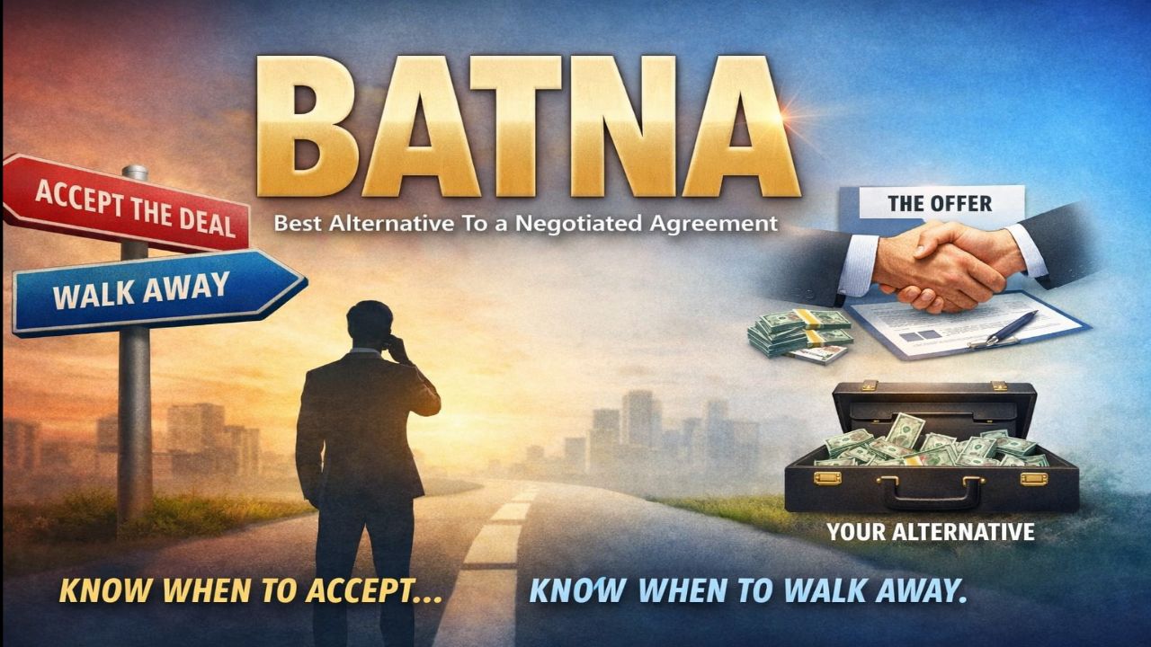 BATNA negotiation concept showing a decision point between accepting a deal or walking away, with visual comparison of an offer versus an alternative option.