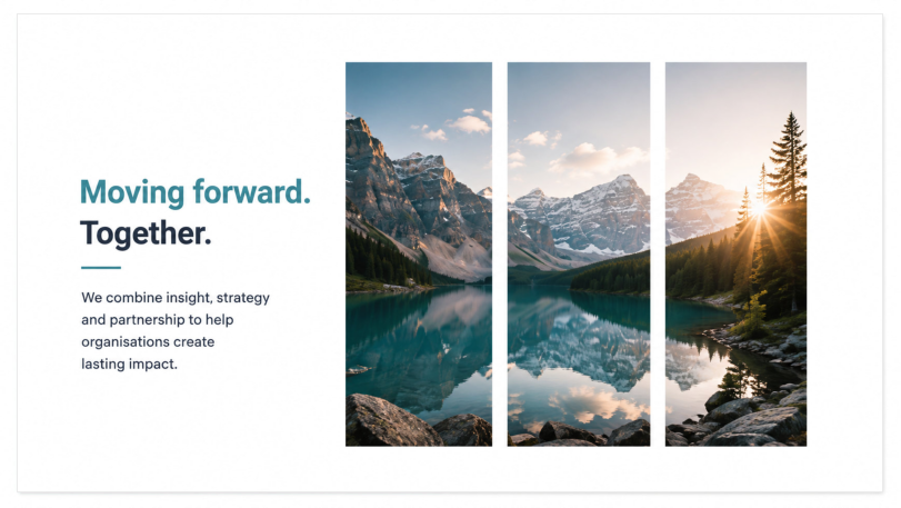 Example PowerPoint slide showing a landscape photograph masked inside three vertical rectangles.
