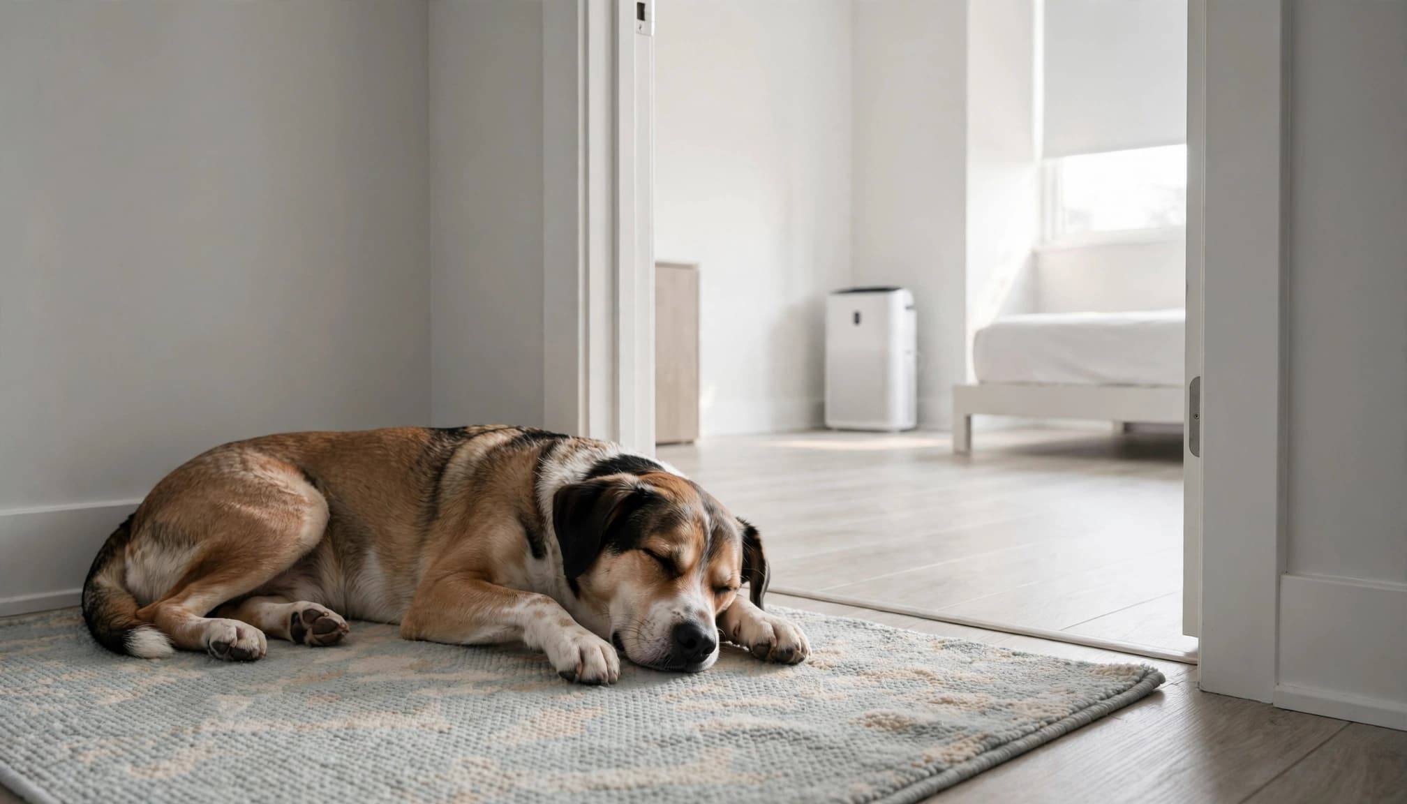A brown and white dog sleeping on a rug in a bright bedroom doorway, with an air purifier in the background