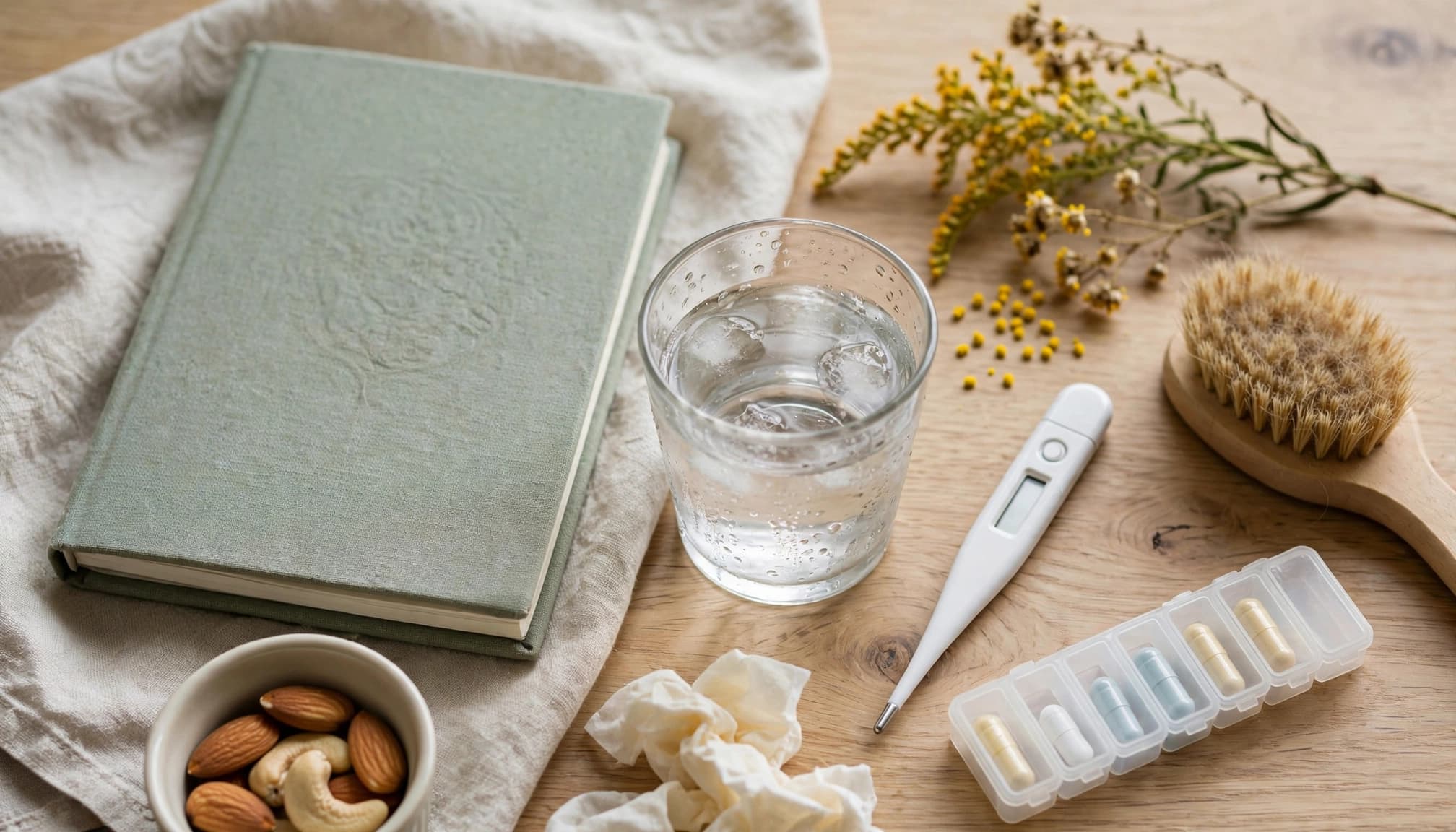 A symptom journal, glass of water, thermometer, weekly pill organizer, tissues, nuts and a sprig of pollen-covered flowers on a wooden table, items tied to tracking a child's allergies.