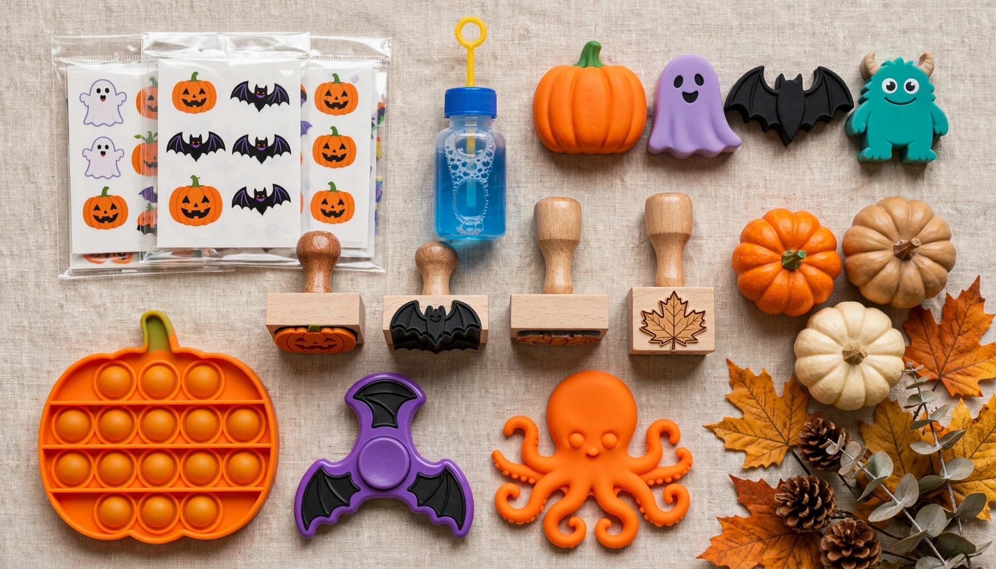 A flat lay of non-food Halloween treats: stickers, bubbles, stamps, erasers, and fidget toys among autumn leaves and mini pumpkins