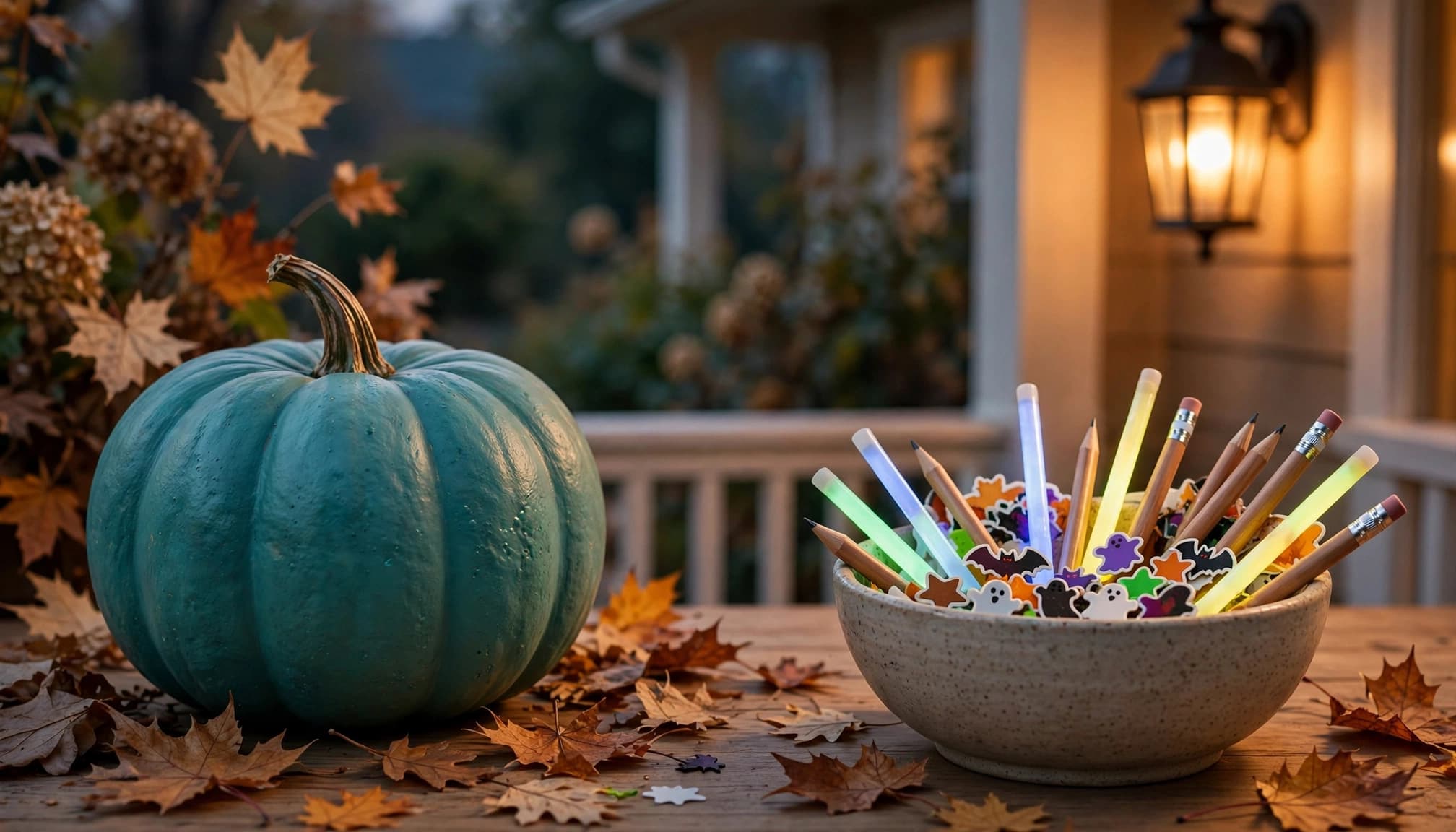 A teal pumpkin beside a bowl of non-food Halloween treats including glow sticks, pencils, and stickers on a porch