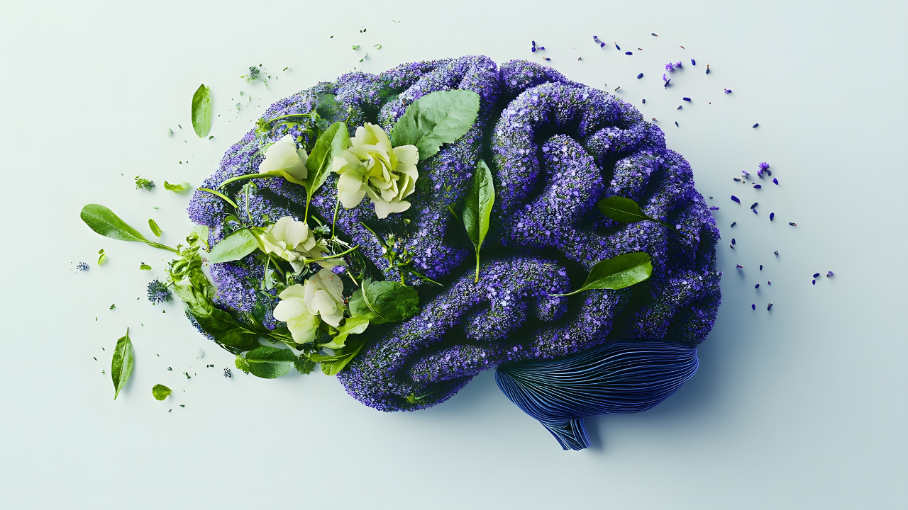 Brain made of florals and leaves, in colors that would feel cool