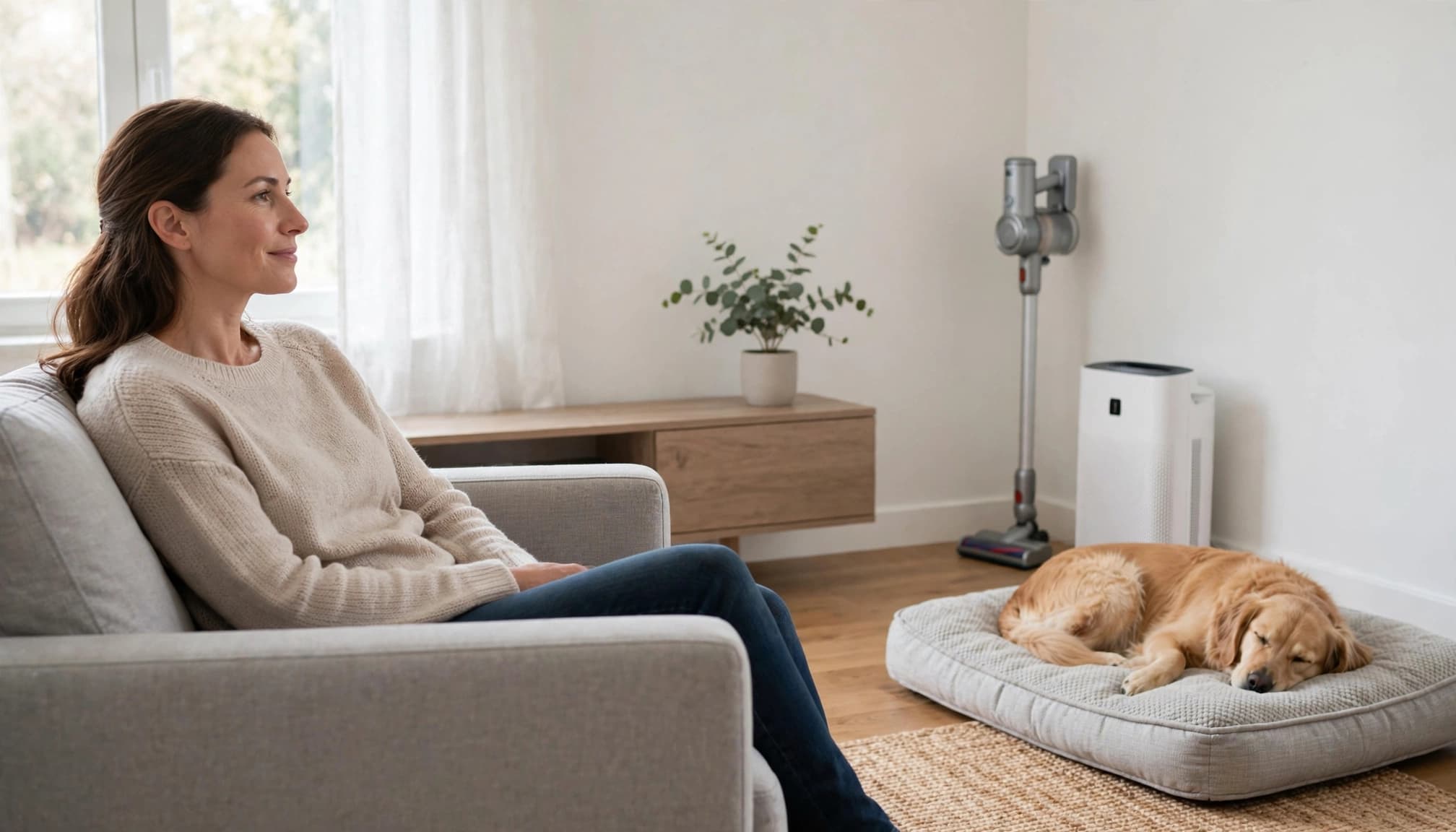 A woman sitting on a sofa in a bright living room with a vacuum cleaner and an air purifier nearby