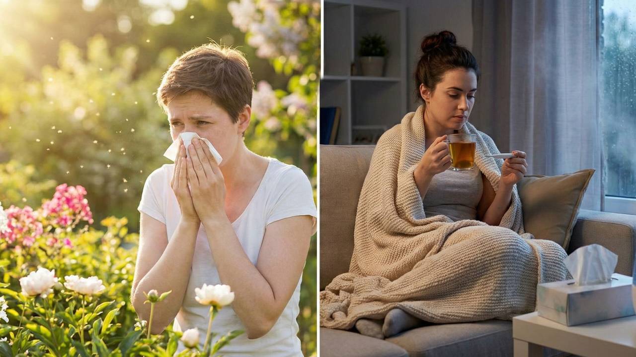 Woman experiencing allergies due to pollen with a tissue in her hand on left side and on right a woman sipping tea on her couch 