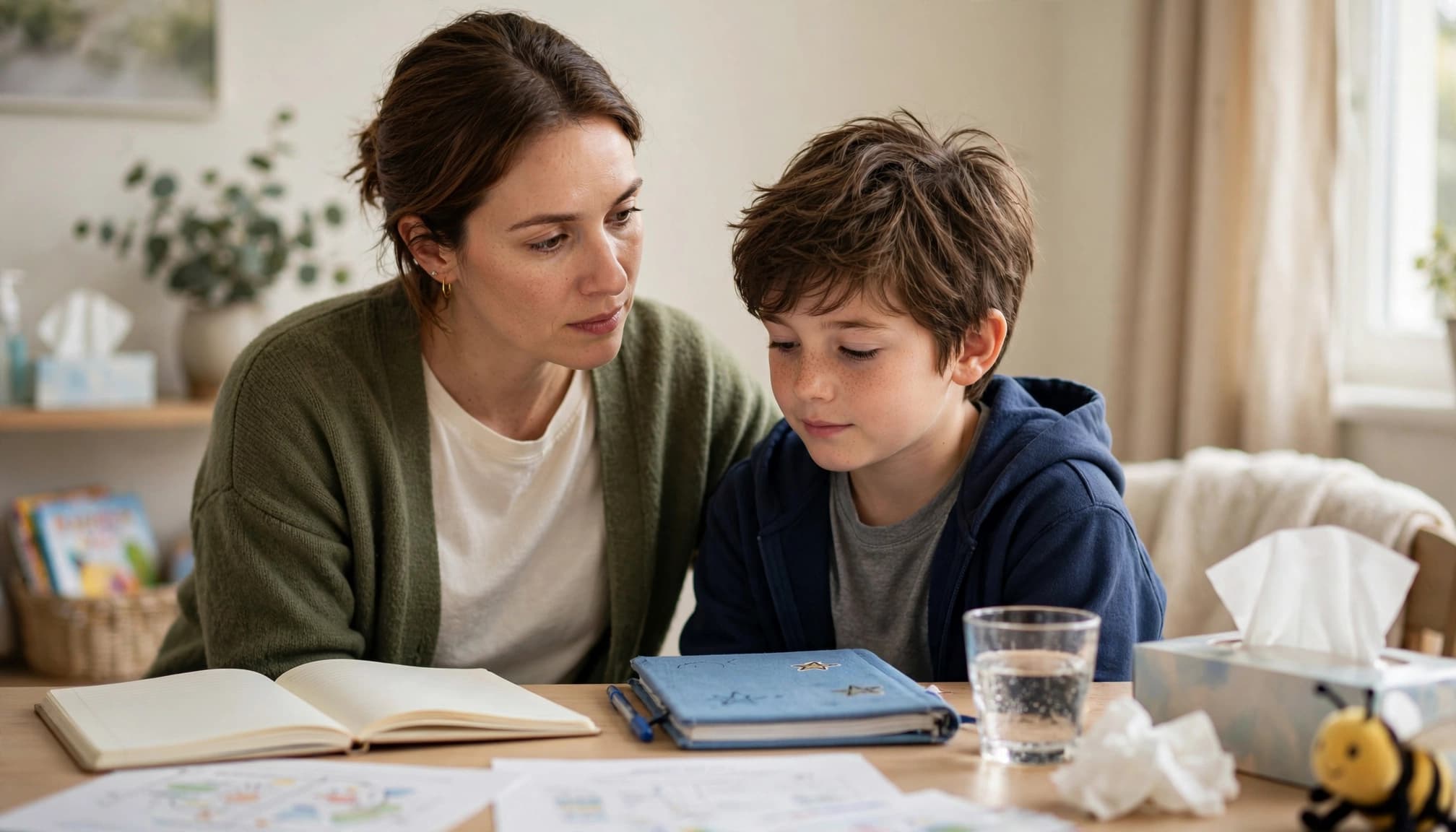 A mother and her young son sit at a kitchen table with a notebook, tissues and a glass of water, reviewing his allergy symptoms together.