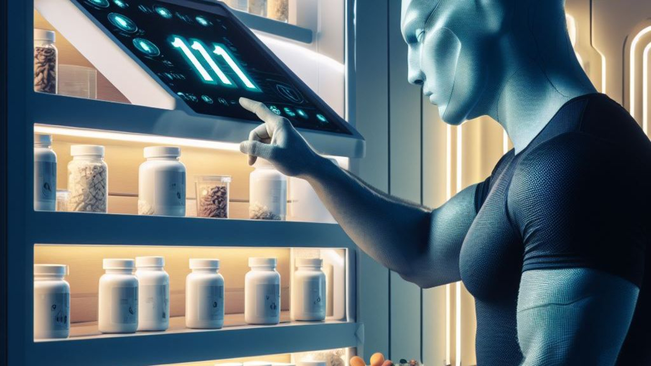 Man selecting 111 supplements from a shelf filled with various supplement bottles.