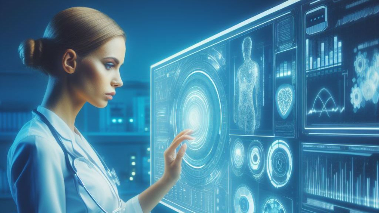 Female doctor analyzing patient data in a high-tech futuristic laboratory.