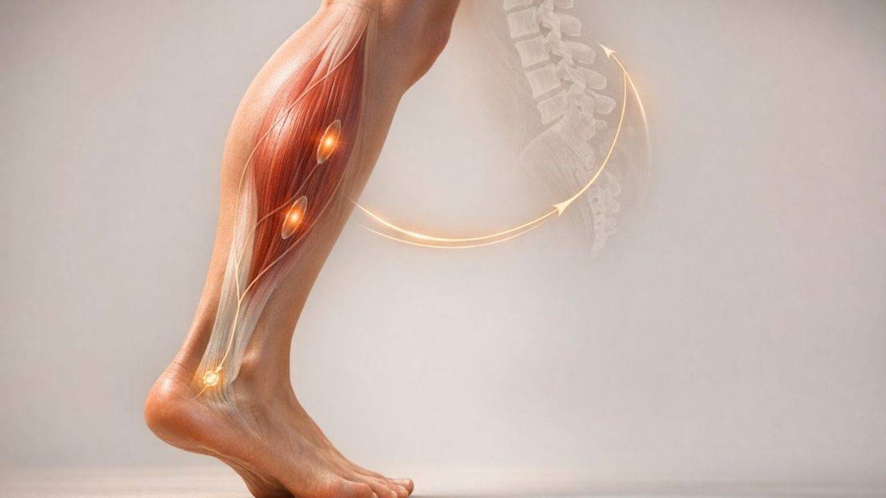 A detailed illustration of the lower leg showing the calf muscles, Achilles tendon, and a luminous arrow representing the proprioceptive feedback loop guiding muscle contraction.