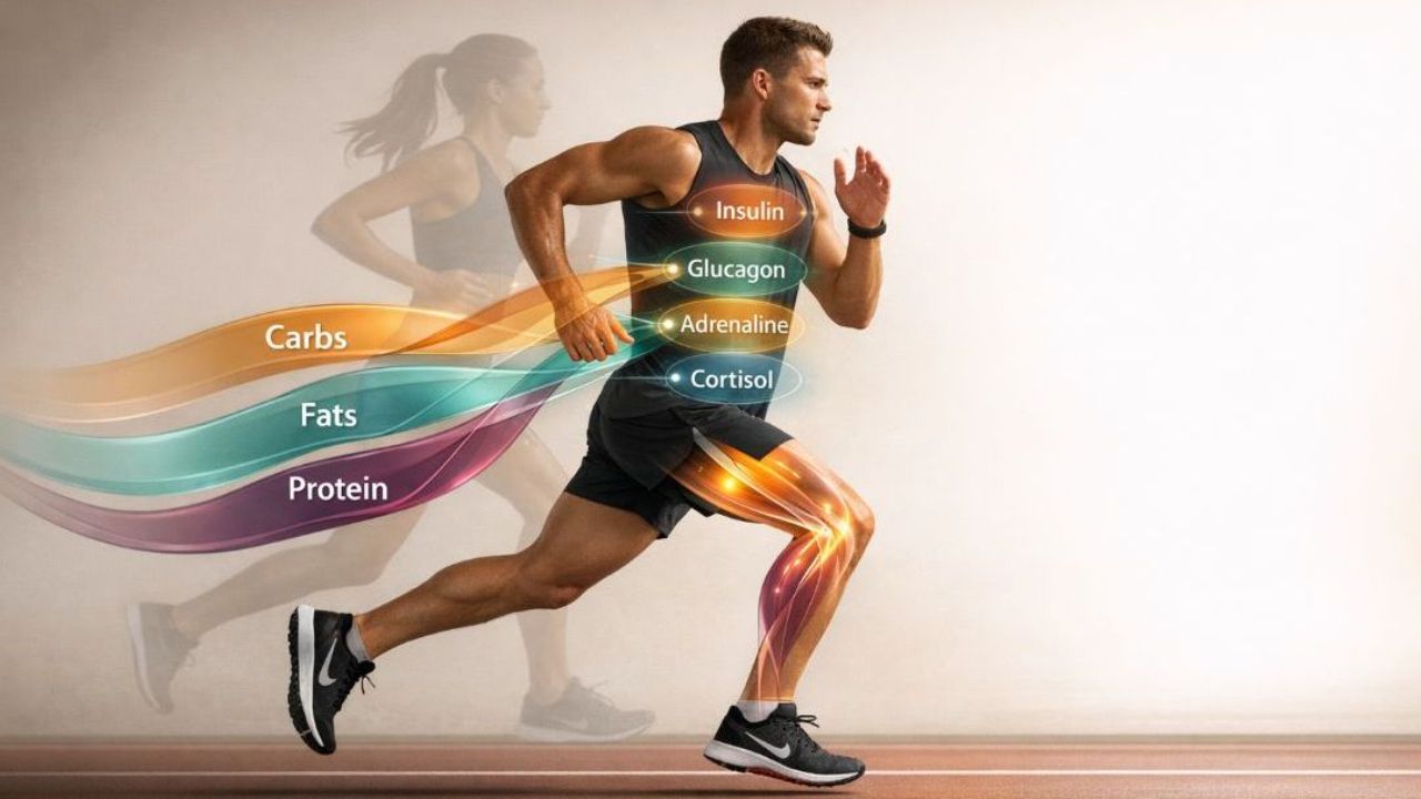 Diagram showing hormonal regulation of energy substrates—insulin, glucagon, adrenaline, and cortisol—during a sprint for optimal performance.