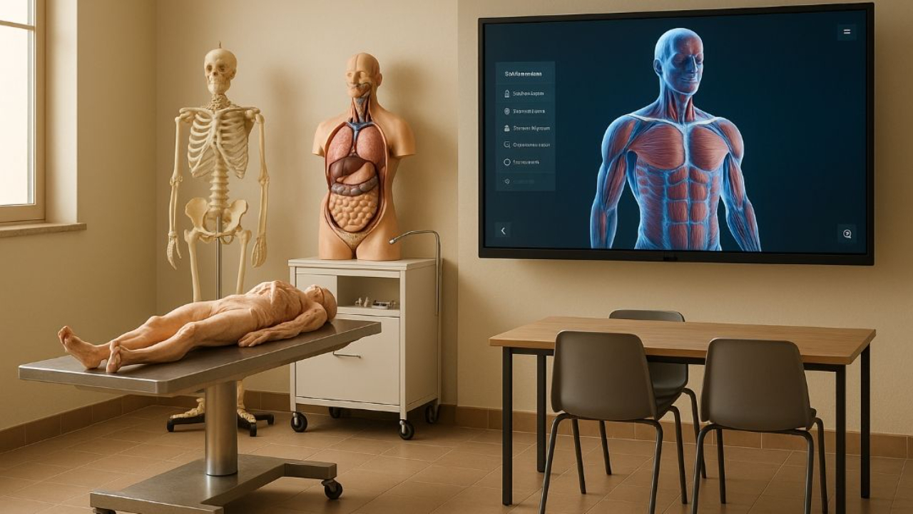 Visual comparison of medical education: A holographic AI anatomy projection next to a human cadaver being dissected in a lab.