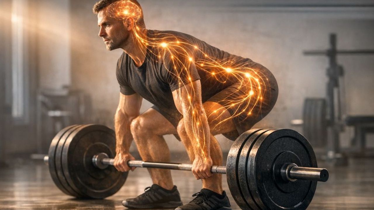 Strong male athlete performing a deadlift with a barbell, illustrating the concept of neural adaptations and muscle activation through glowing orange electrical nerve impulses shown across his brain, spine, back, and arm.