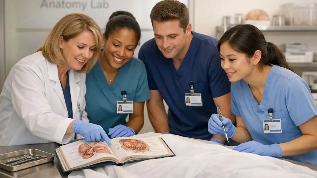 Group of diverse nursing students and an instructor in an anatomy lab studying a real human cadaver alongside a medical textbook.