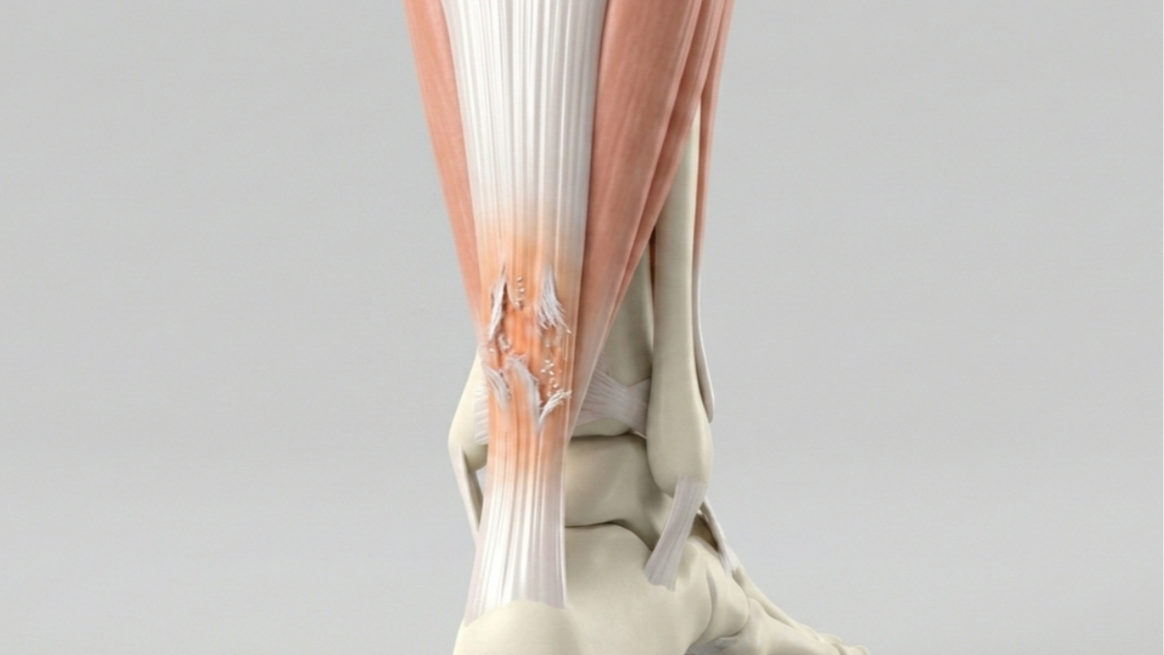 Human heel and ankle anatomy showing the impact of overuse damage on the Achilles tendon fibers.