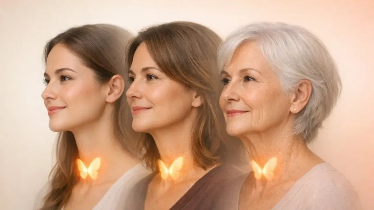 Three women of different ages with glowing butterfly shapes over their thyroids, representing thyroid function and aging.