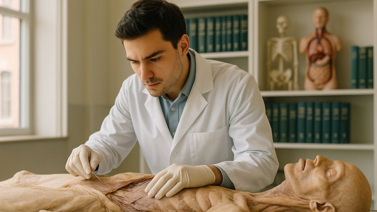 Medical professional performing an anatomical study on a human cadaver, highlighting the importance of the cadaver-based learning in academic and medical careers.