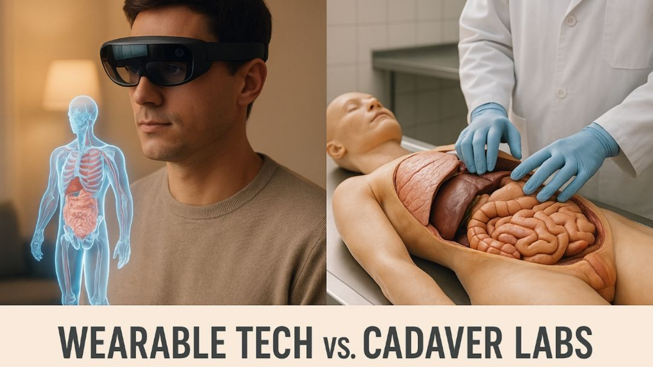Split image comparing medical training methods. Wearable VR technology showing a man viewing a holographic human anatomy model versus a traditional cadaver lab dissection