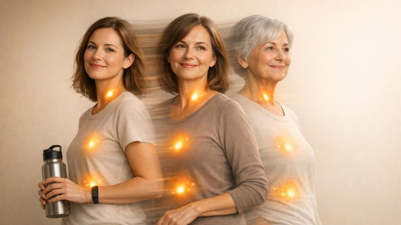 Three women of different ages, representing the stages of aging, with glowing areas on their necks and chests suggesting the endocrine system's role in aging.
