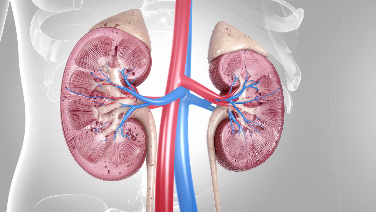 3D medical cross-section illustration of human kidneys highlighting internal renal structure and blood vessels.