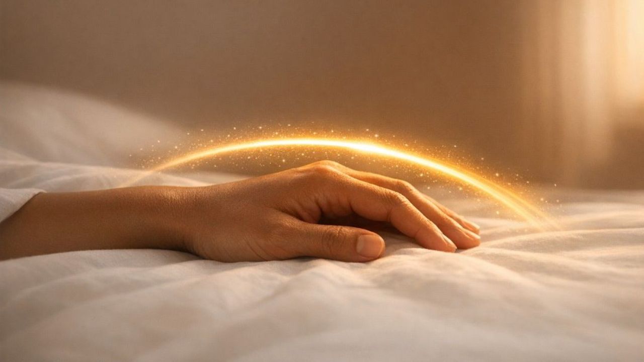 Hand of a deceased person resting on a white sheet, with a glowing, arching light above it, symbolizing the transition of life to death or the soul departing the body.