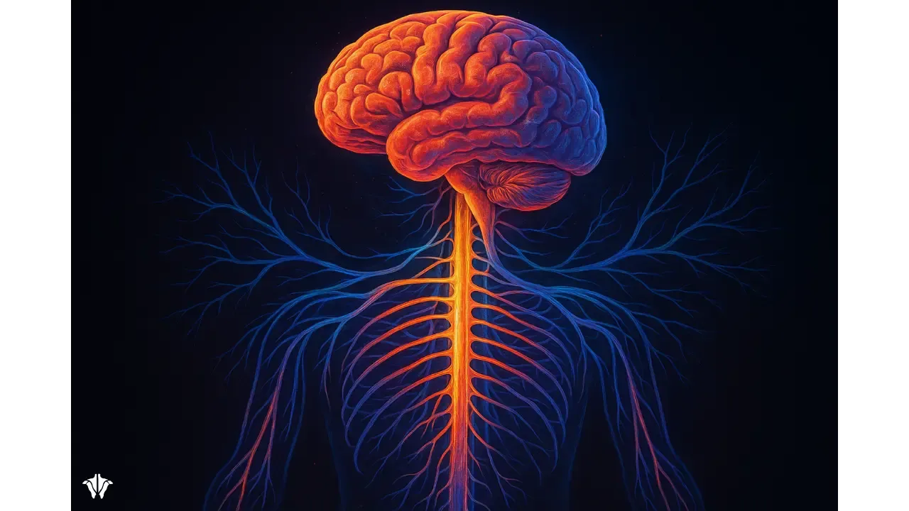 Color-coded illustration of the central nervous system (CNS) and peripheral nervous system (PNS), showing the brain, spinal cord, and connecting nerve branches